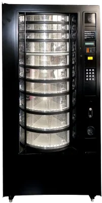 Black vending machine with glass shelves.