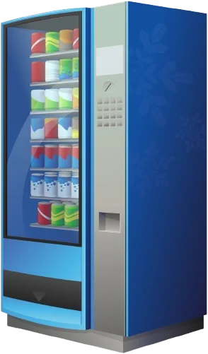 A blue and silver vending machine with cans.