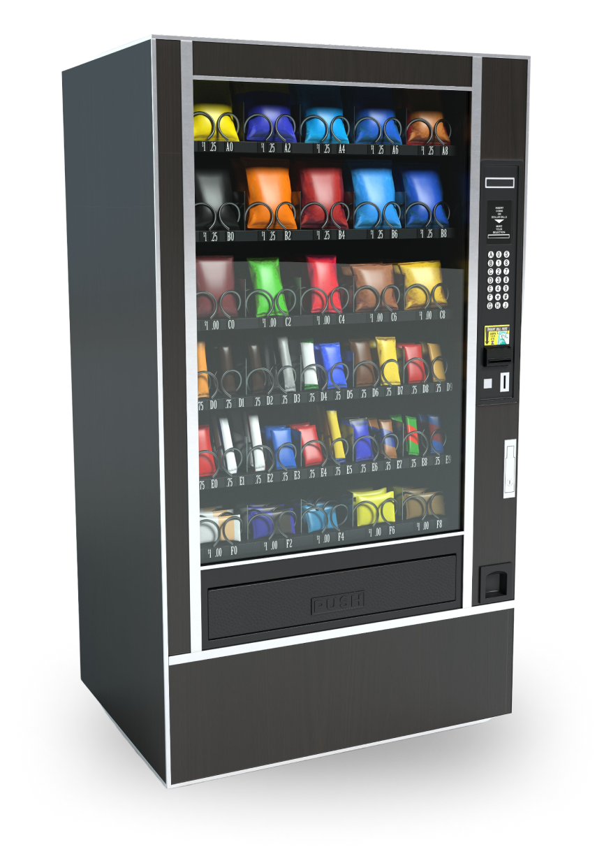 Vending machine with colorful snacks.